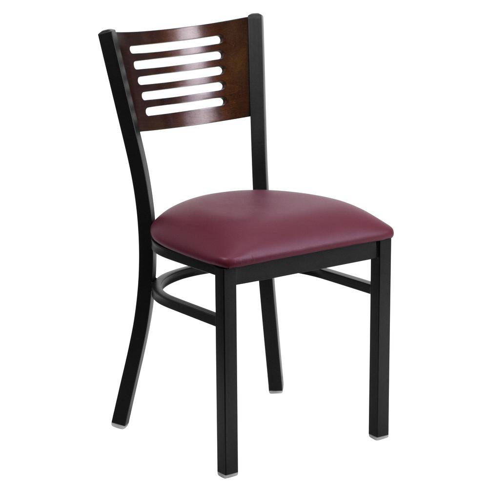 Hercules Series Black Slat Back Metal Restaurant Chair - Walnut Wood Back, Burgundy Vinyl Seat By Flash Furniture | Dining Chairs | Modishstore - 1