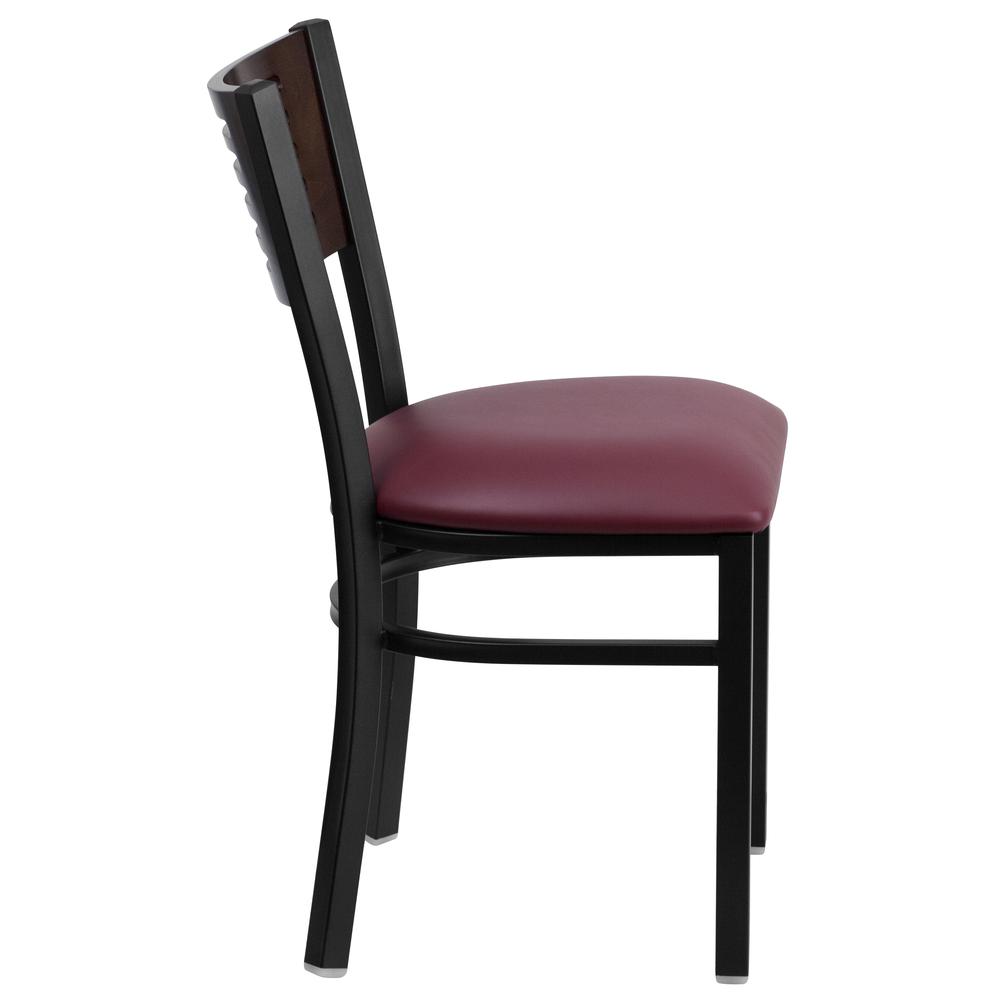 Hercules Series Black Slat Back Metal Restaurant Chair - Walnut Wood Back, Burgundy Vinyl Seat By Flash Furniture | Dining Chairs | Modishstore - 2