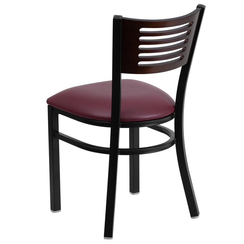 Hercules Series Black Slat Back Metal Restaurant Chair - Walnut Wood Back, Burgundy Vinyl Seat By Flash Furniture | Dining Chairs | Modishstore - 3