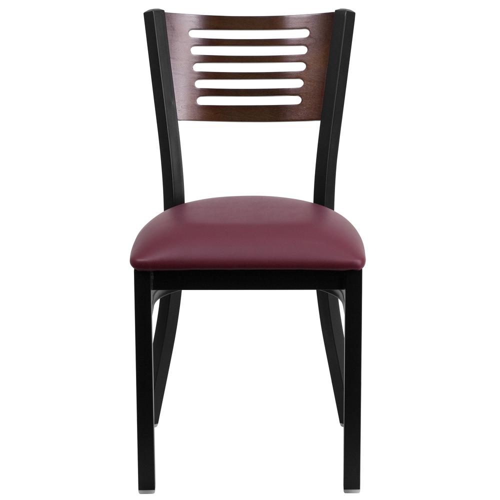 Hercules Series Black Slat Back Metal Restaurant Chair - Walnut Wood Back, Burgundy Vinyl Seat By Flash Furniture | Dining Chairs | Modishstore - 4