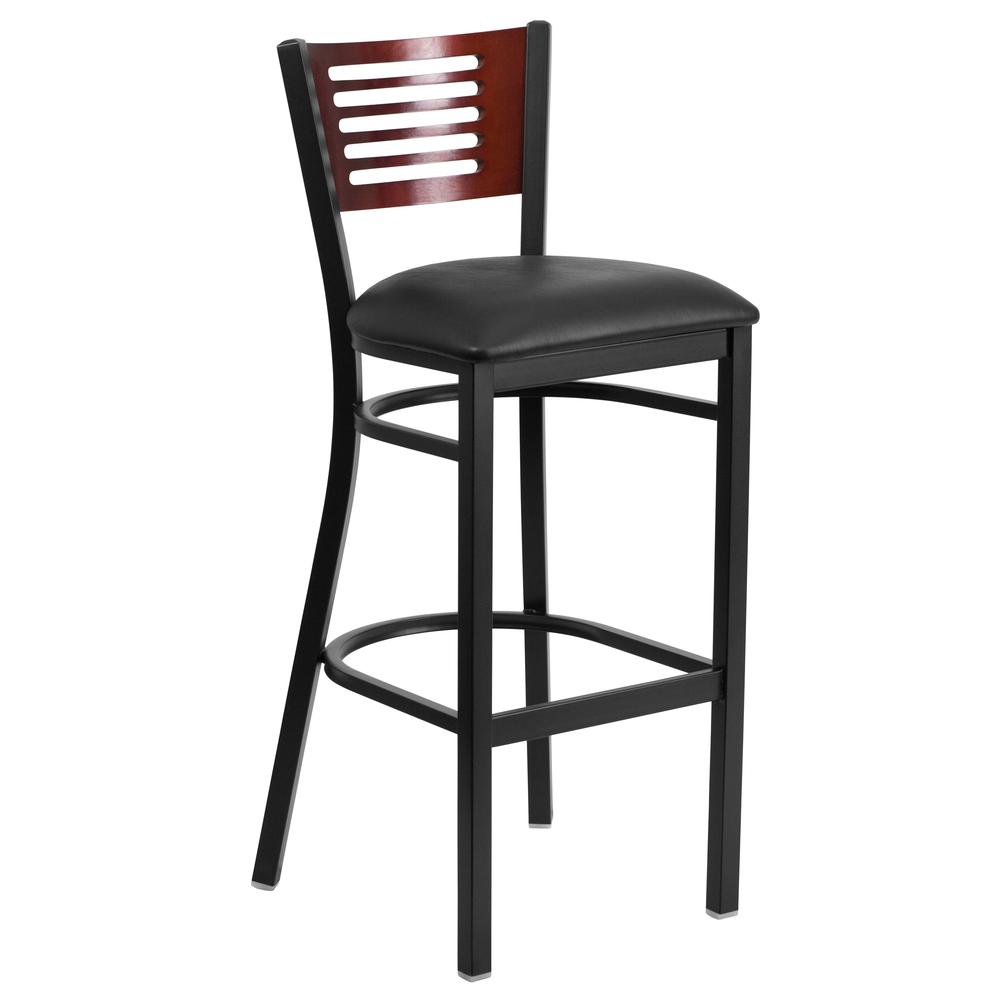 Hercules Series Black Slat Back Metal Restaurant Barstool - Mahogany Wood Back, Black Vinyl Seat By Flash Furniture | Bar Stools | Modishstore - 1