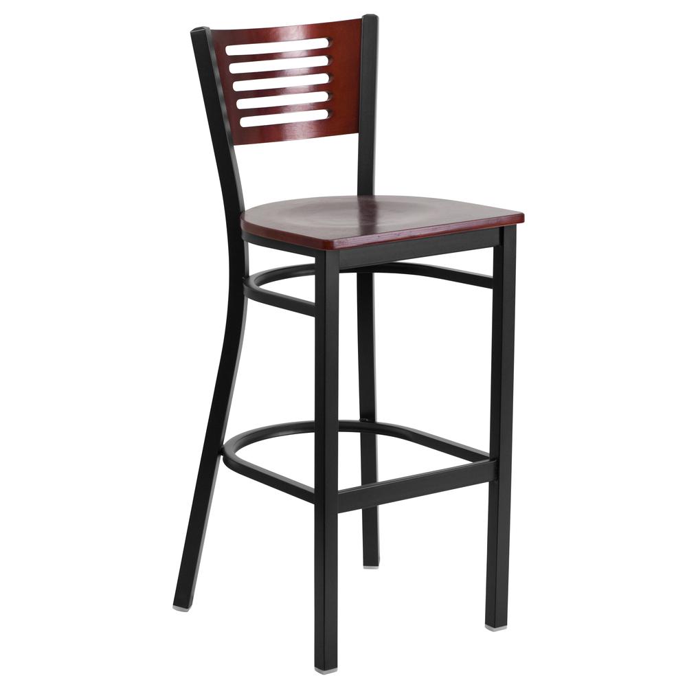 Hercules Series Black Slat Back Metal Restaurant Barstool - Mahogany Wood Back & Seat By Flash Furniture | Bar Stools | Modishstore - 1