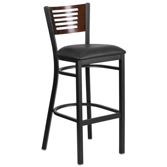 Hercules Series Black Slat Back Metal Restaurant Barstool - Walnut Wood Back, Black Vinyl Seat By Flash Furniture | Bar Stools | Modishstore