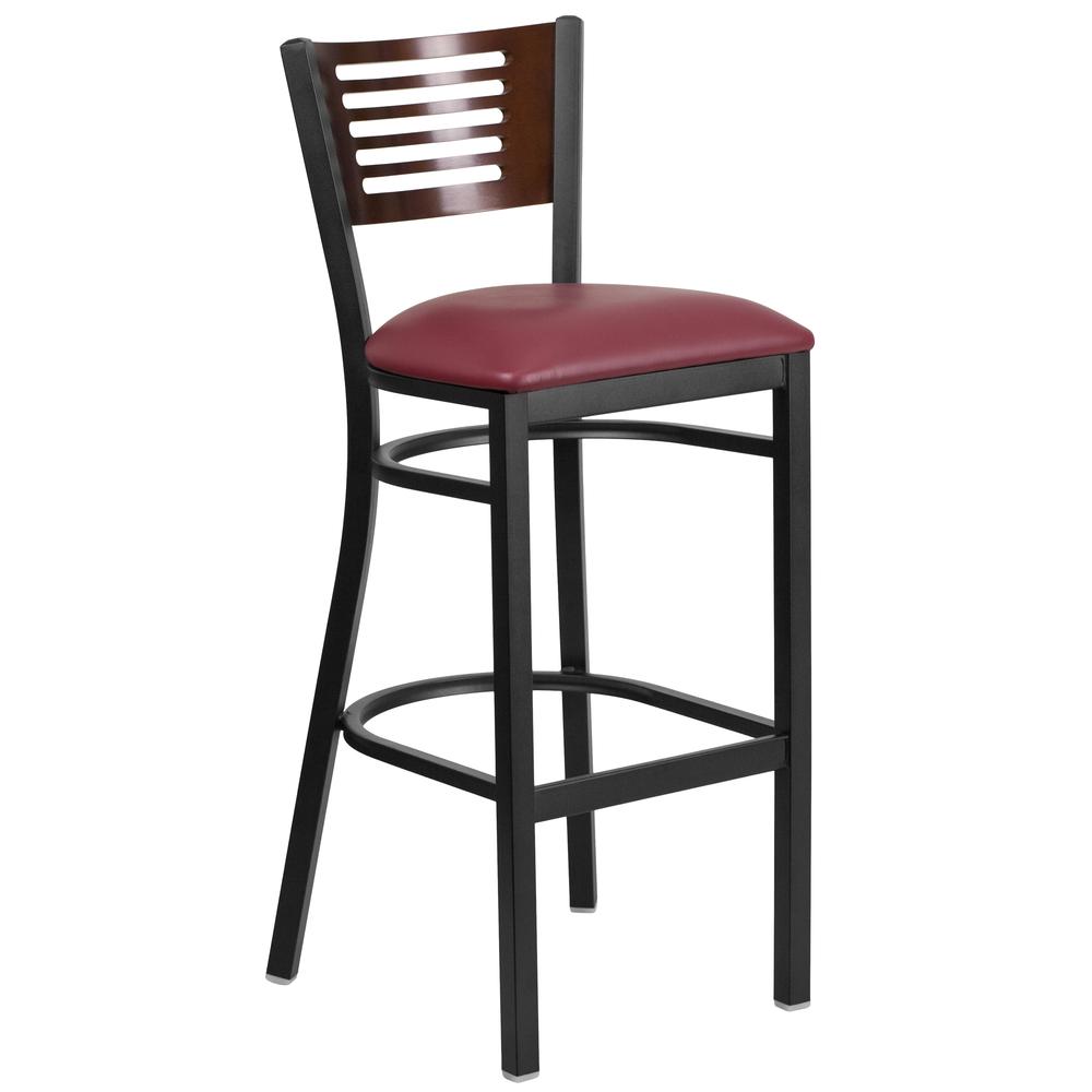 Hercules Series Black Slat Back Metal Restaurant Barstool - Walnut Wood Back, Burgundy Vinyl Seat By Flash Furniture | Bar Stools | Modishstore - 1