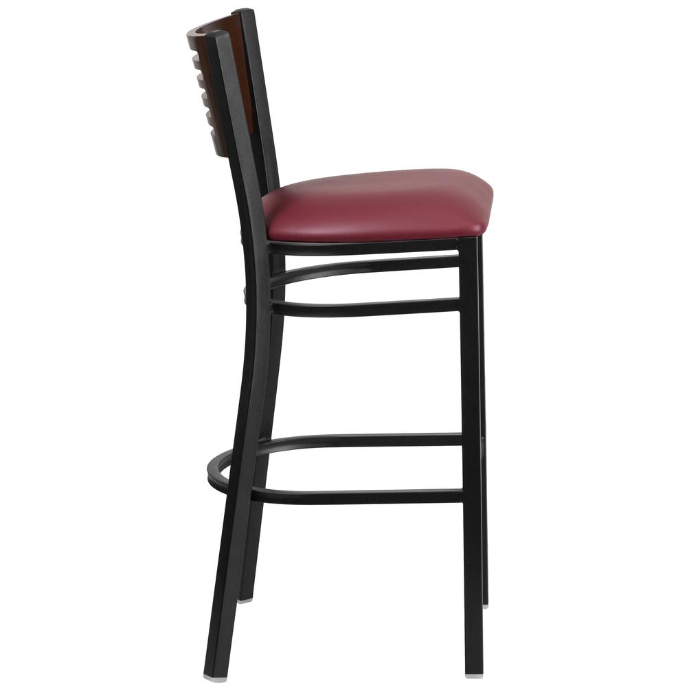 Hercules Series Black Slat Back Metal Restaurant Barstool - Walnut Wood Back, Burgundy Vinyl Seat By Flash Furniture | Bar Stools | Modishstore - 2