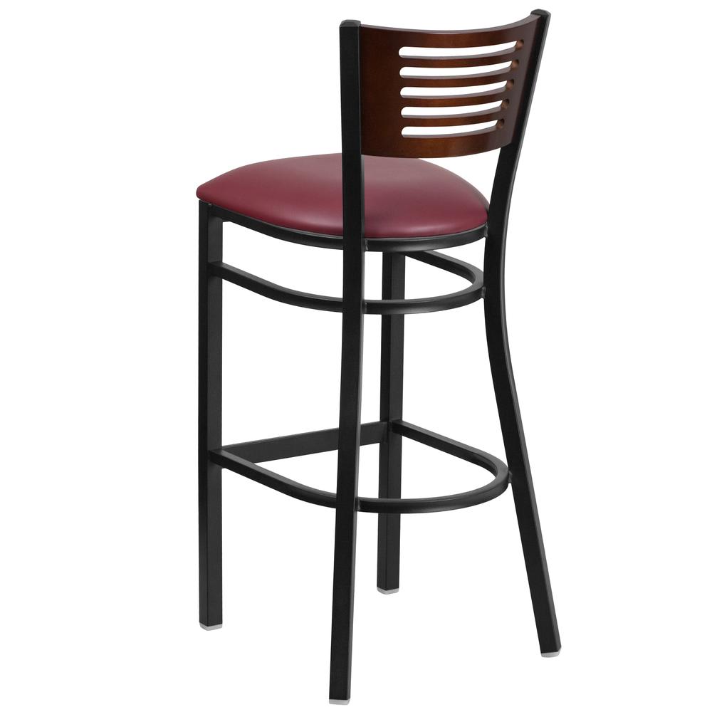 Hercules Series Black Slat Back Metal Restaurant Barstool - Walnut Wood Back, Burgundy Vinyl Seat By Flash Furniture | Bar Stools | Modishstore - 3