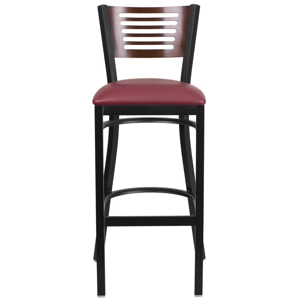 Hercules Series Black Slat Back Metal Restaurant Barstool - Walnut Wood Back, Burgundy Vinyl Seat By Flash Furniture | Bar Stools | Modishstore - 4