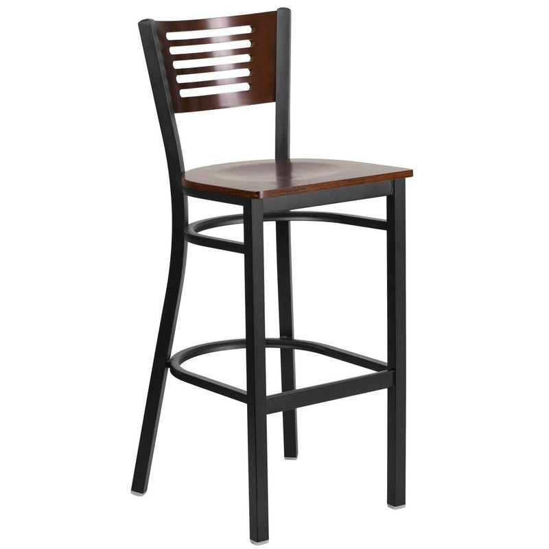 Hercules Series Black Slat Back Metal Restaurant Barstool - Walnut Wood Back & Seat By Flash Furniture | Bar Stools | Modishstore - 1