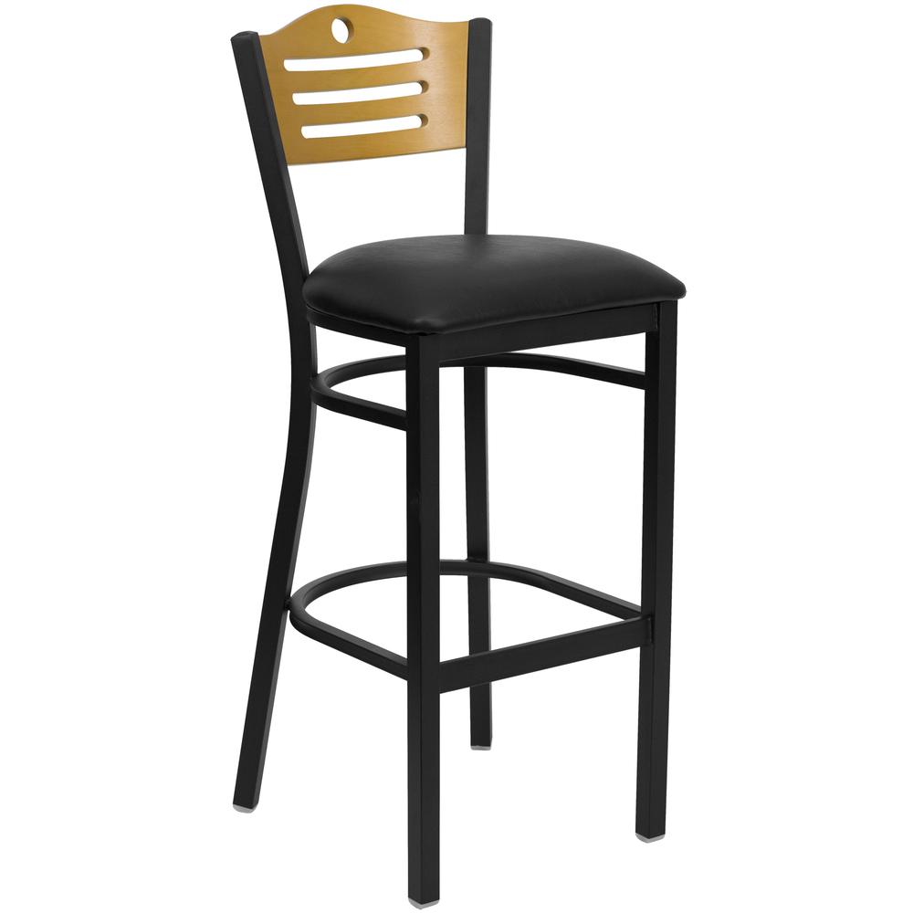 Hercules Series Black Slat Back Metal Restaurant Barstool - Natural Wood Back, Black Vinyl Seat By Flash Furniture | Bar Stools | Modishstore - 1