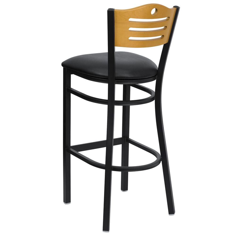 Hercules Series Black Slat Back Metal Restaurant Barstool - Natural Wood Back, Black Vinyl Seat By Flash Furniture | Bar Stools | Modishstore - 3