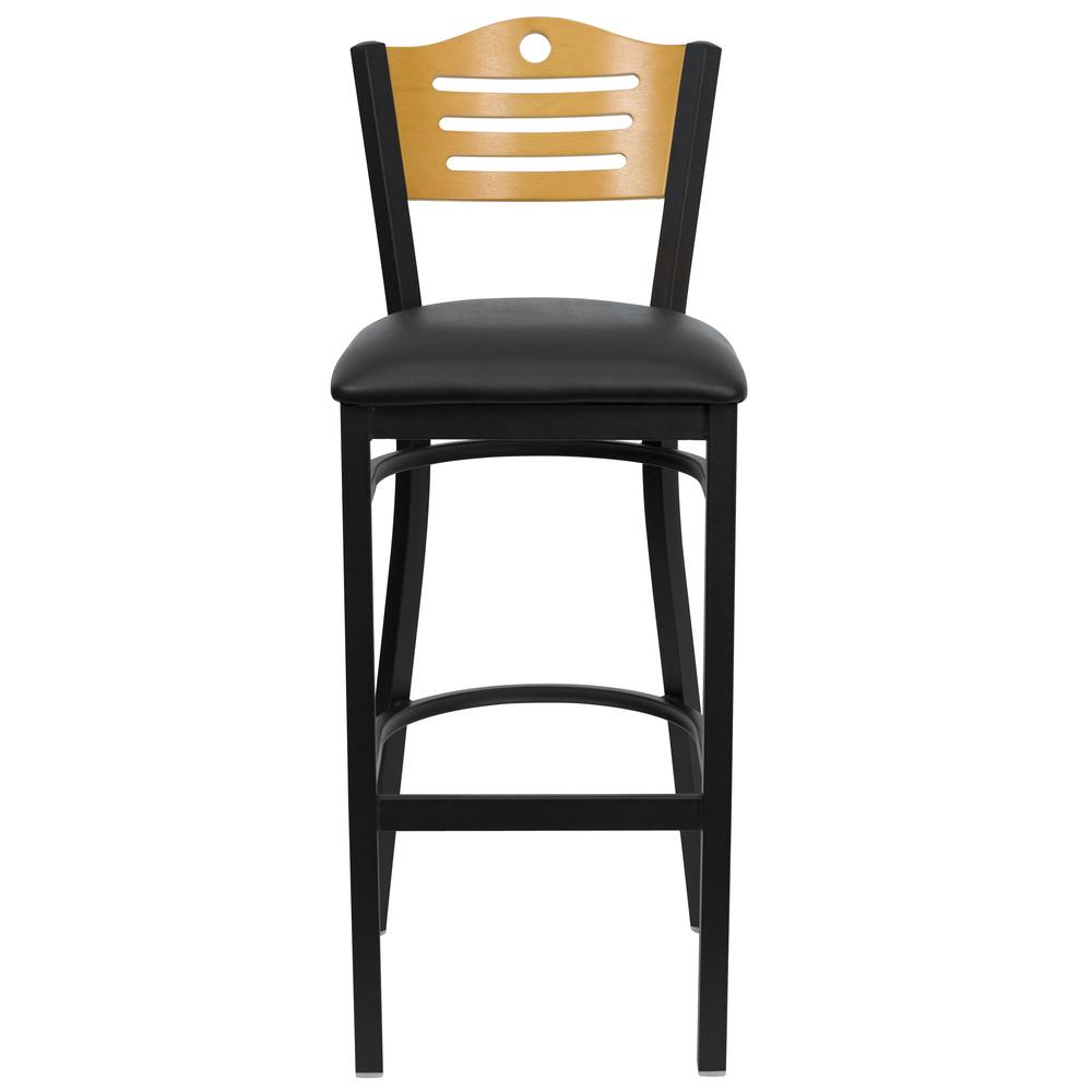 Hercules Series Black Slat Back Metal Restaurant Barstool - Natural Wood Back, Black Vinyl Seat By Flash Furniture | Bar Stools | Modishstore - 4