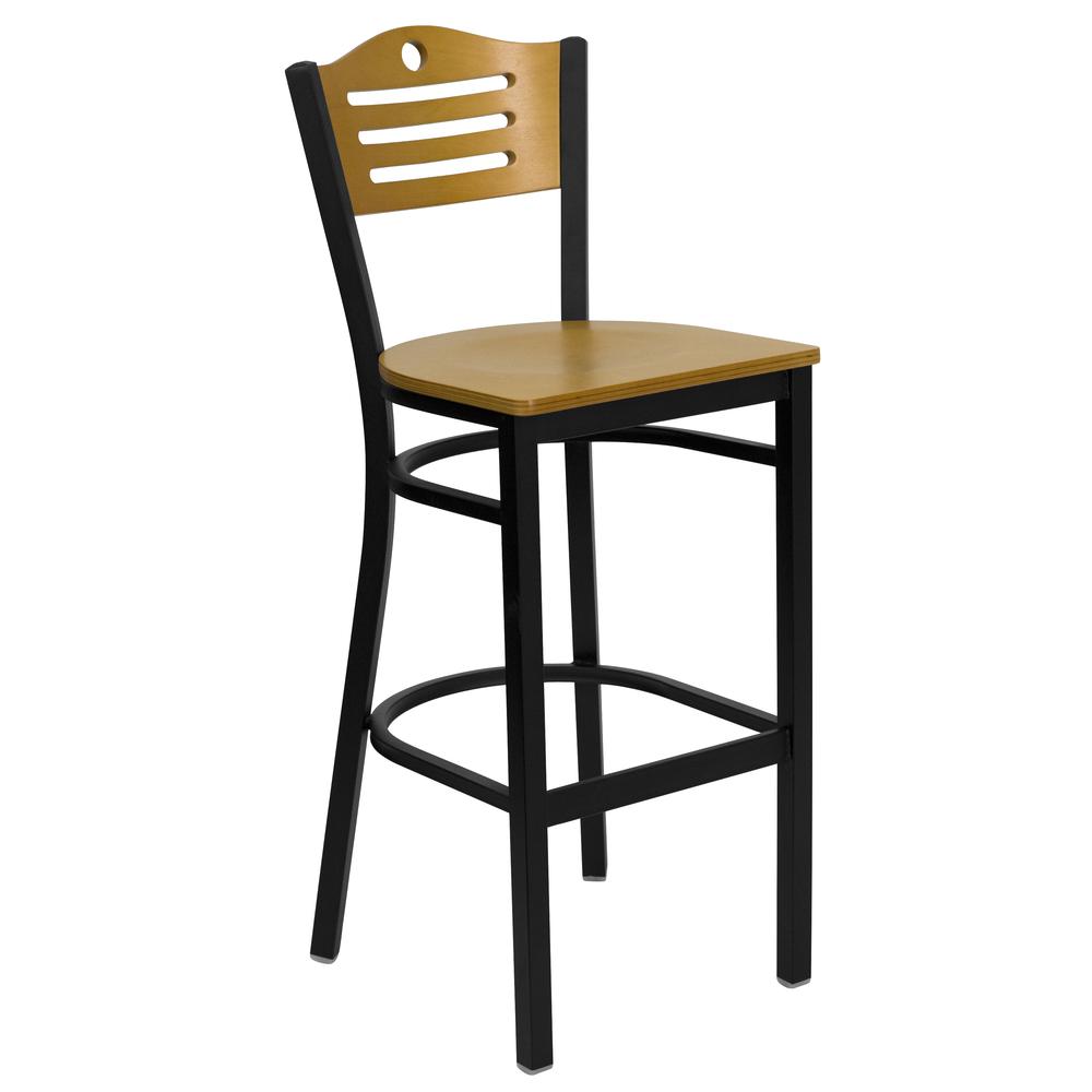 Hercules Series Black Slat Back Metal Restaurant Barstool - Natural Wood Back & Seat By Flash Furniture | Bar Stools | Modishstore - 1