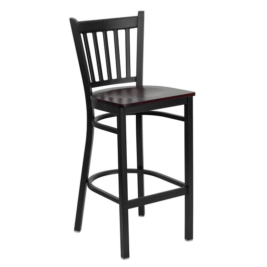 Hercules Series Black Vertical Back Metal Restaurant Barstool - Mahogany Wood Seat By Flash Furniture | Bar Stools | Modishstore - 1