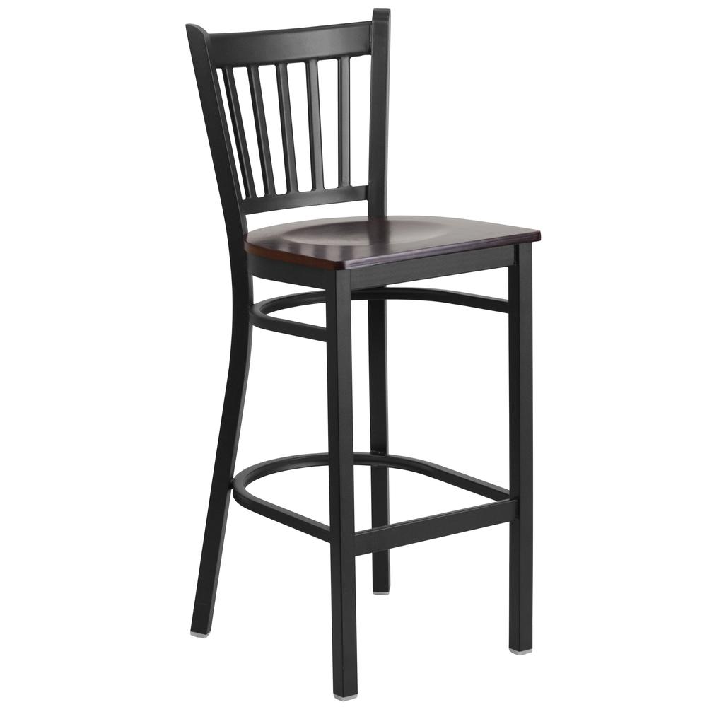 Hercules Series Black Vertical Back Metal Restaurant Barstool - Walnut Wood Seat By Flash Furniture | Bar Stools | Modishstore