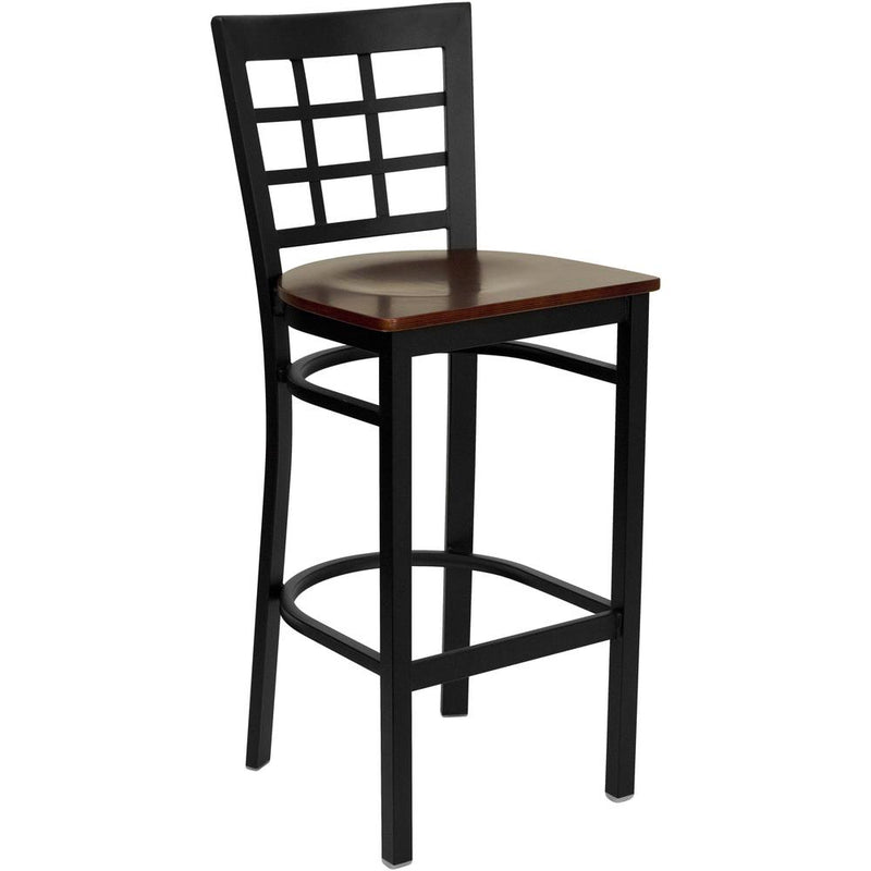 Hercules Series Black Window Back Metal Restaurant Barstool - Mahogany Wood Seat By Flash Furniture | Bar Stools | Modishstore - 1