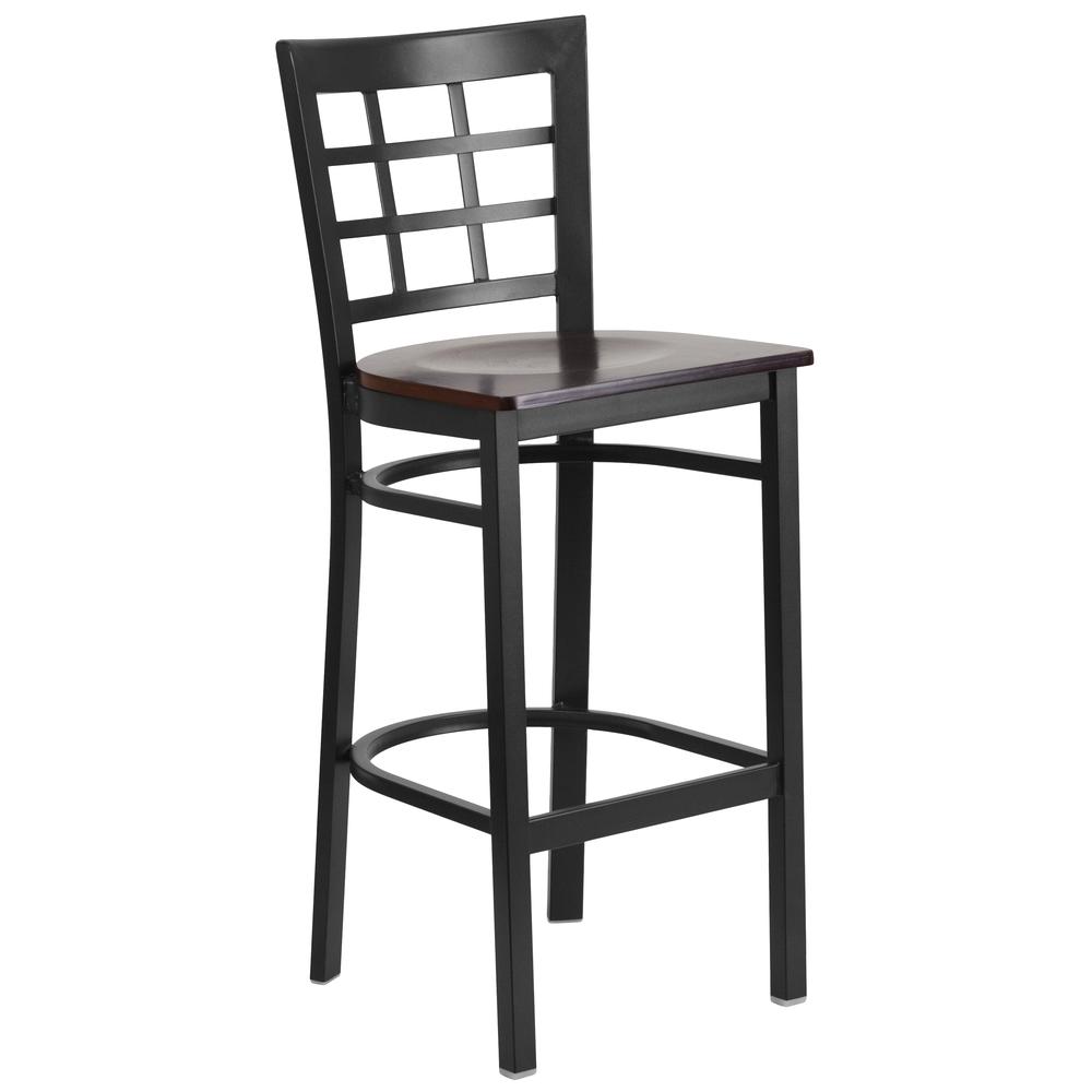 Hercules Series Black Window Back Metal Restaurant Barstool - Walnut Wood Seat By Flash Furniture | Bar Stools | Modishstore - 1