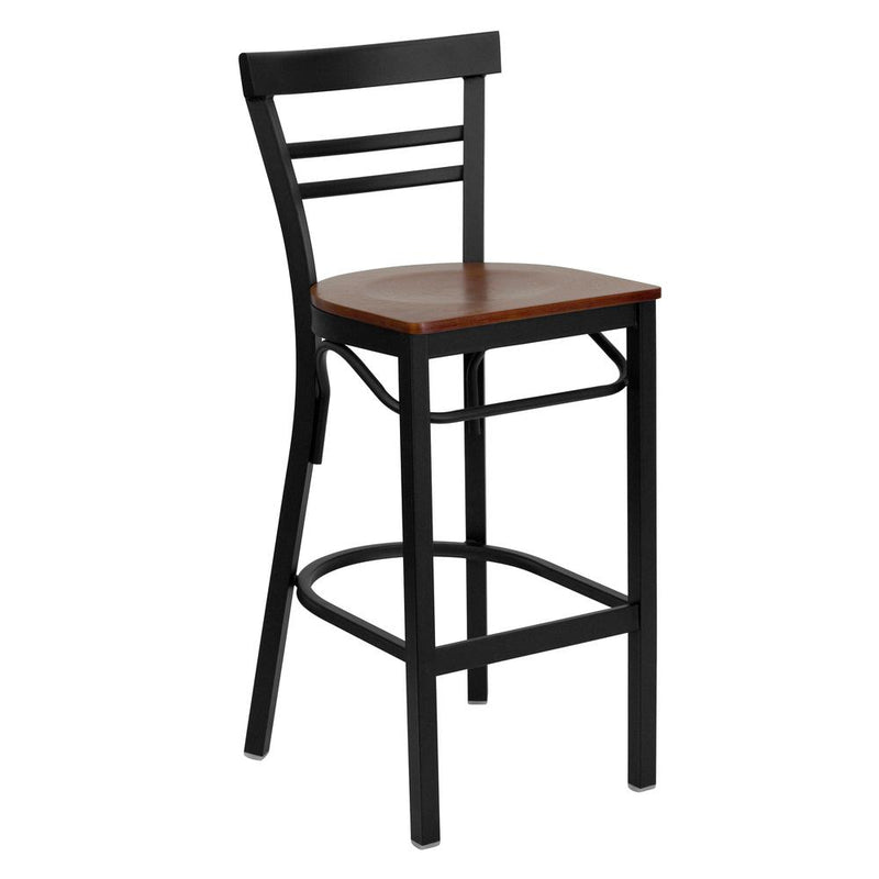 Hercules Series Black Two-Slat Ladder Back Metal Restaurant Barstool - Cherry Wood Seat By Flash Furniture | Bar Stools | Modishstore - 1