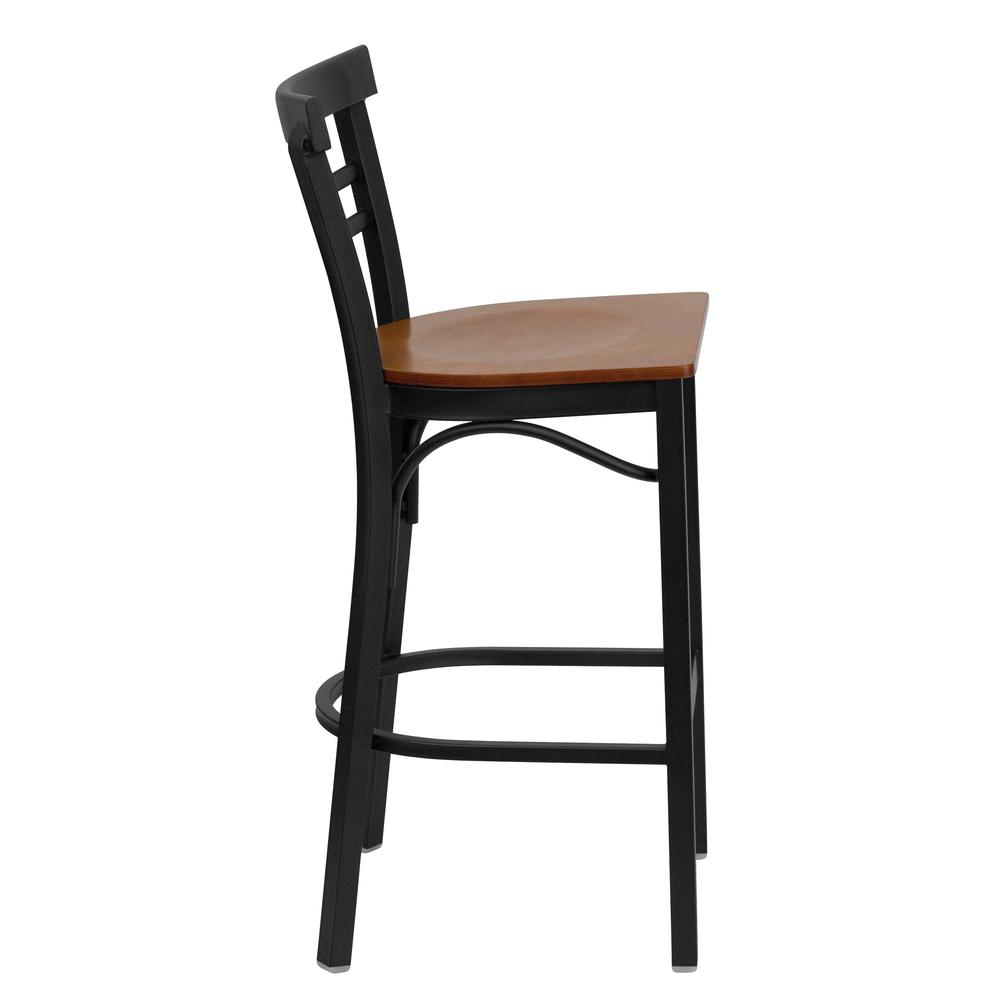 Hercules Series Black Two-Slat Ladder Back Metal Restaurant Barstool - Cherry Wood Seat By Flash Furniture | Bar Stools | Modishstore - 2