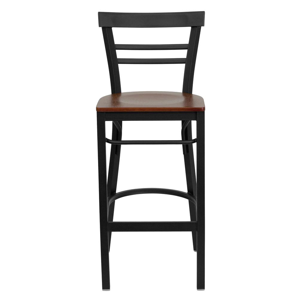 Hercules Series Black Two-Slat Ladder Back Metal Restaurant Barstool - Cherry Wood Seat By Flash Furniture | Bar Stools | Modishstore - 4