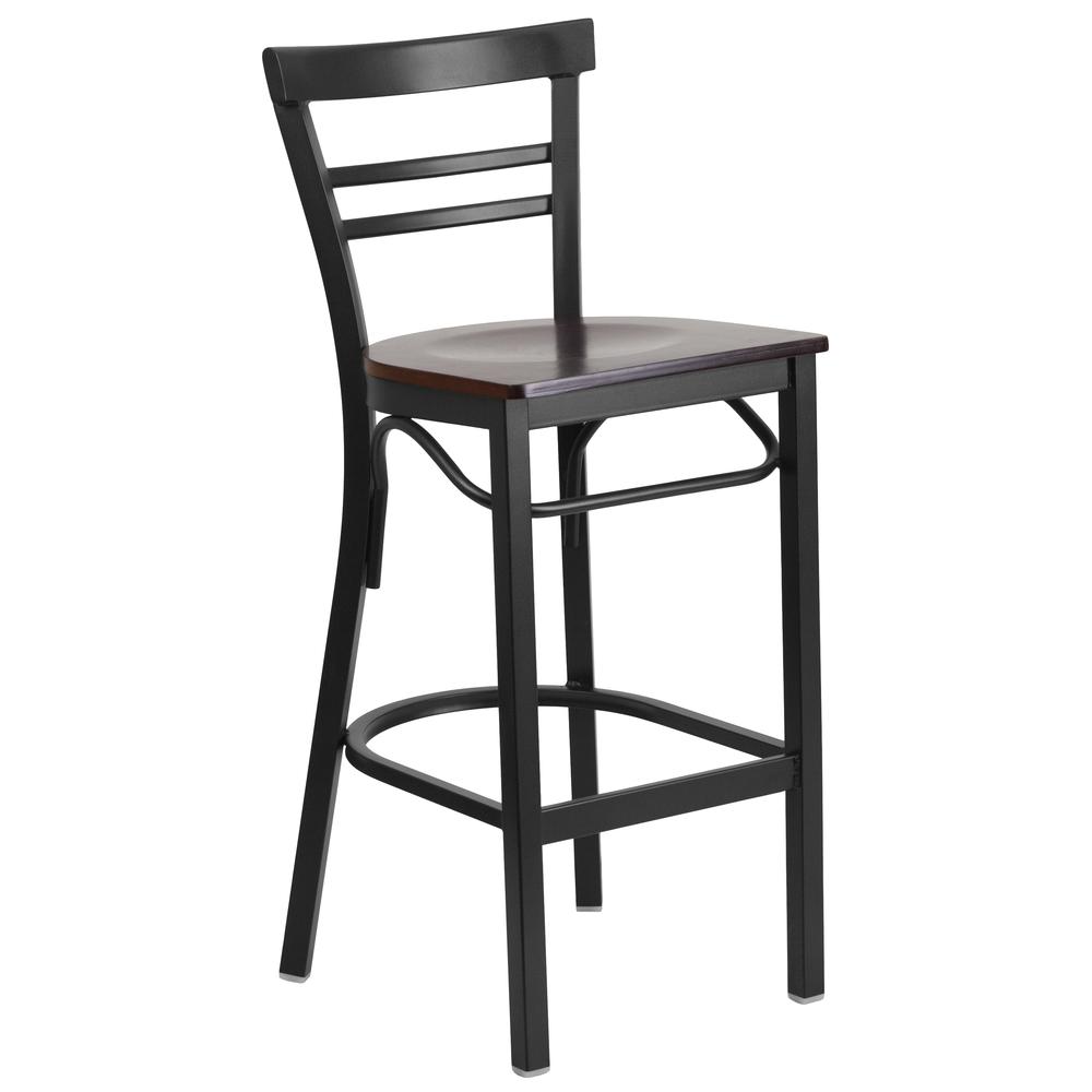 Hercules Series Black Two-Slat Ladder Back Metal Restaurant Barstool - Walnut Wood Seat By Flash Furniture | Bar Stools | Modishstore - 1