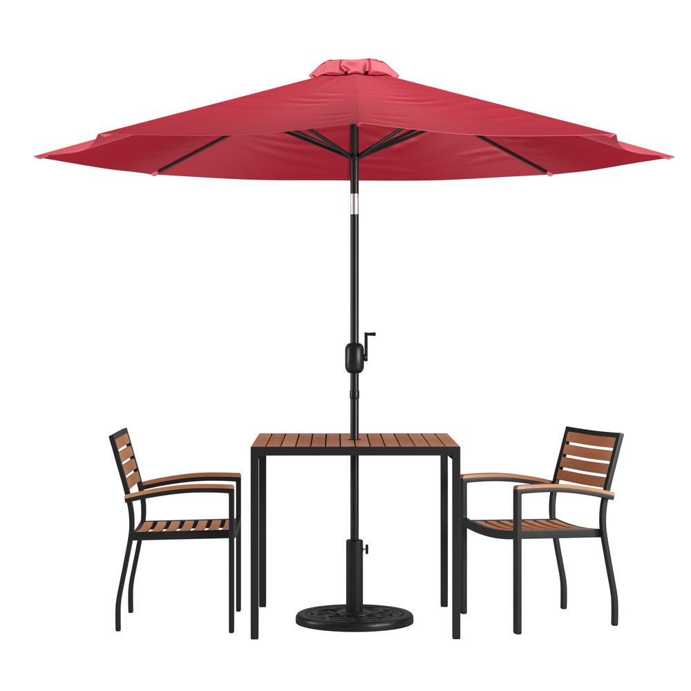 5 Piece Outdoor Patio Table Set With 2 Synthetic Teak Stackable Chairs, 35" Square Table, Red Umbrella & Base By Flash Furniture | Outdoor Dining Sets | Modishstore - 1