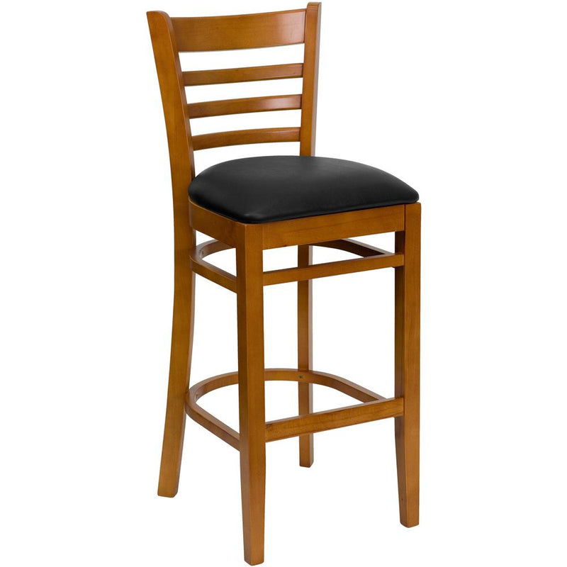 Hercules Series Ladder Back Cherry Wood Restaurant Barstool - Black Vinyl Seat By Flash Furniture | Bar Stools | Modishstore - 1