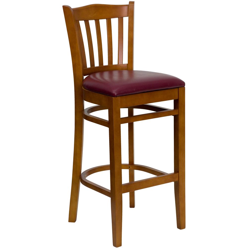 Hercules Series Vertical Slat Back Cherry Wood Restaurant Barstool - Burgundy Vinyl Seat By Flash Furniture | Bar Stools | Modishstore - 1