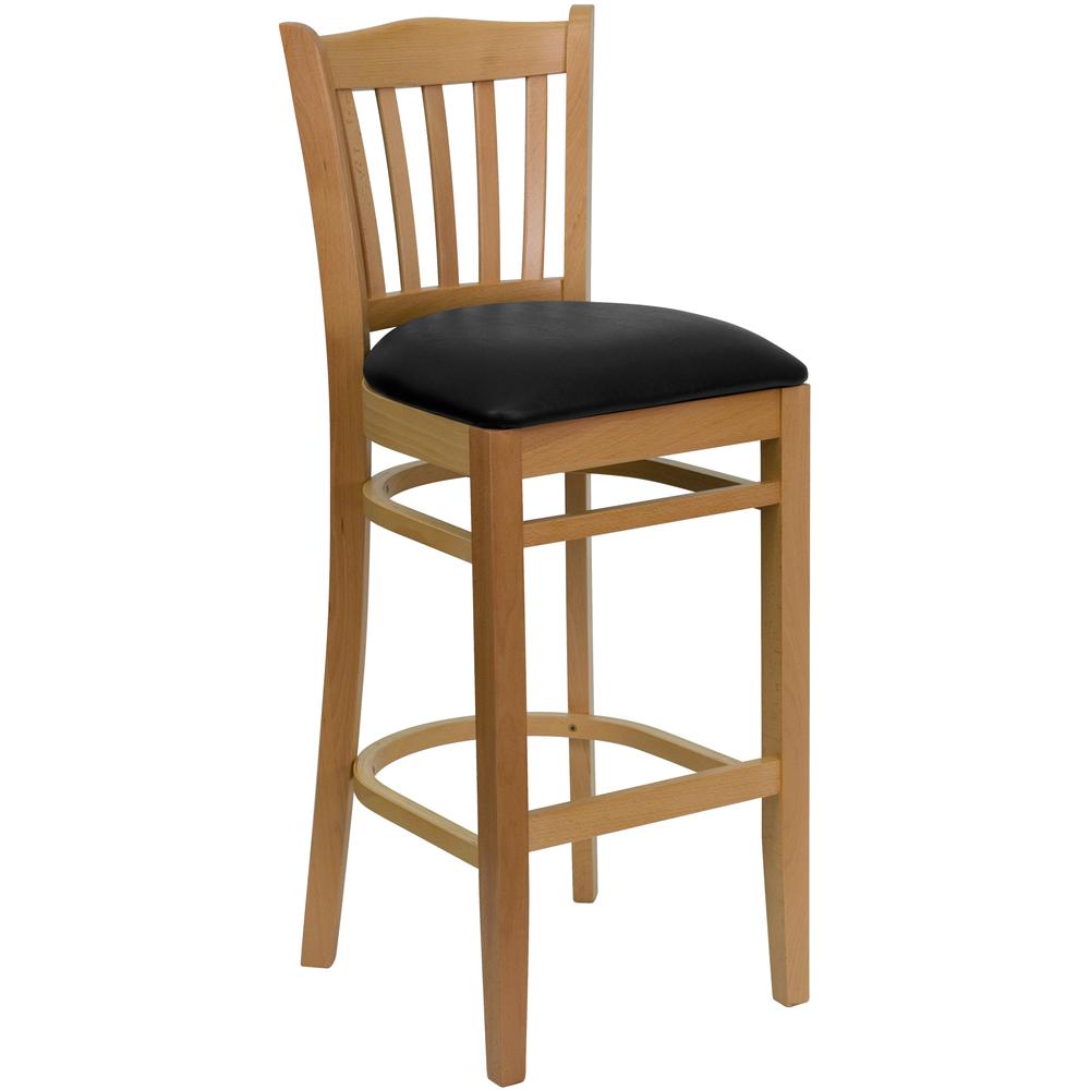 Hercules Series Vertical Slat Back Natural Wood Restaurant Barstool - Black Vinyl Seat By Flash Furniture | Bar Stools | Modishstore - 1