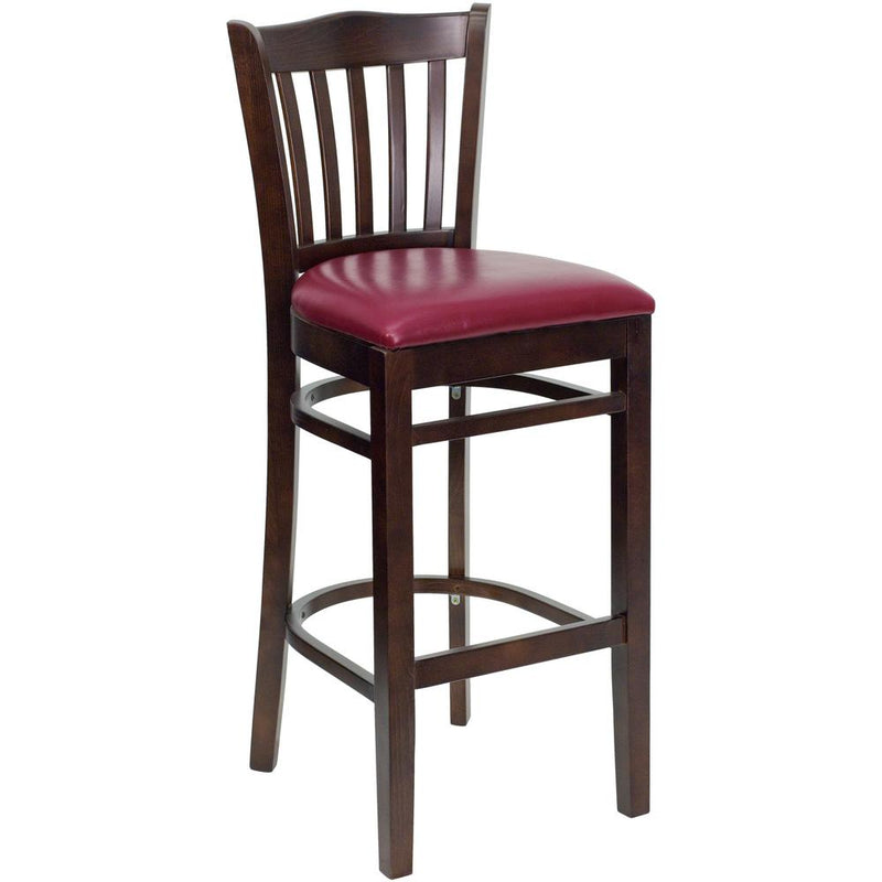 Hercules Series Vertical Slat Back Walnut Wood Restaurant Barstool - Burgundy Vinyl Seat By Flash Furniture | Bar Stools | Modishstore - 1