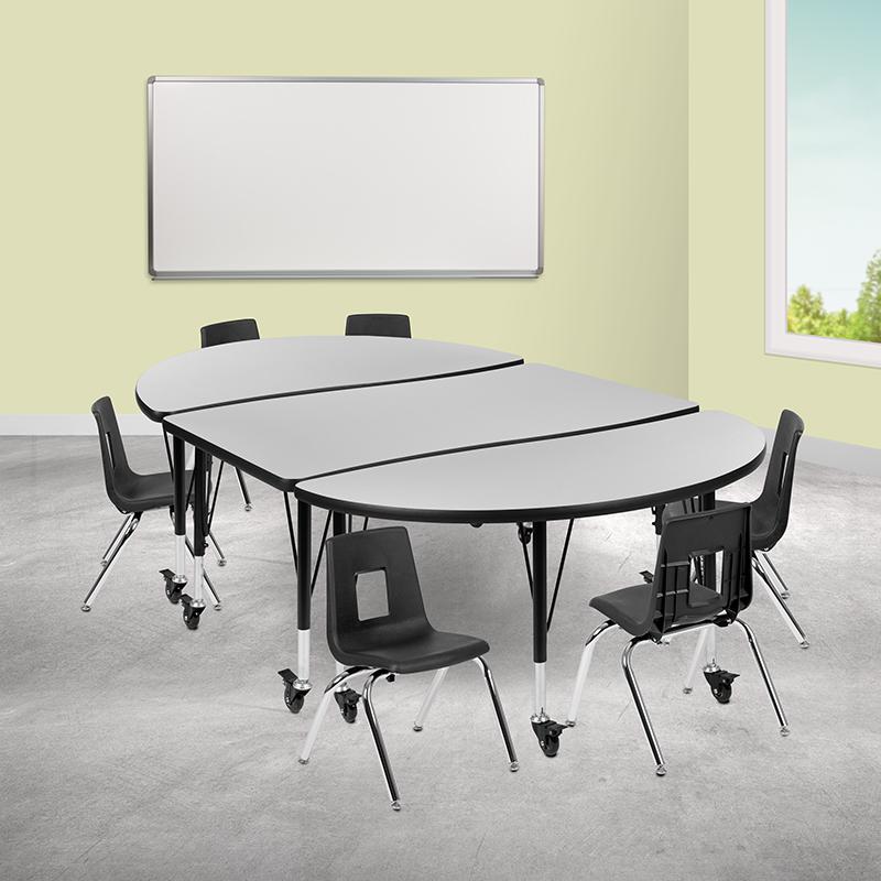 Mobile 76" Oval Wave Collaborative Laminate Activity Table Set With 12" Student Stack Chairs, Grey/Black By Flash Furniture | Dining Sets | Modishstore - 1