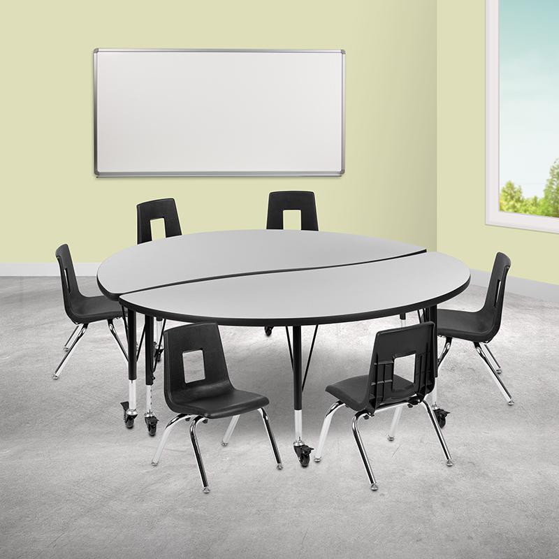 Mobile 60" Circle Wave Collaborative Laminate Activity Table Set With 14" Student Stack Chairs, Grey/Black By Flash Furniture | Dining Sets | Modishstore - 1