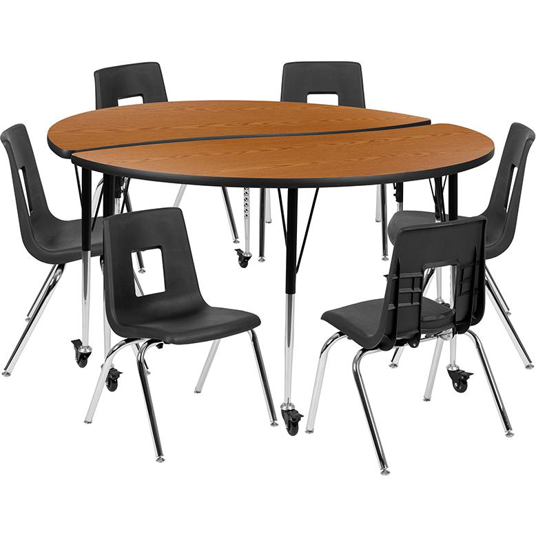 Mobile 60" Circle Wave Collaborative Laminate Activity Table Set With 16" Student Stack Chairs, Oak/Black By Flash Furniture | Dining Sets | Modishstore - 1