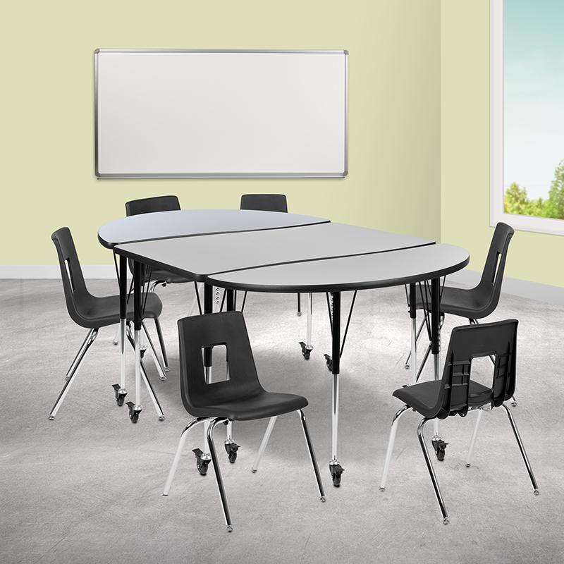 Mobile 76" Oval Wave Collaborative Laminate Activity Table Set With 18" Student Stack Chairs, Grey/Black By Flash Furniture | Dining Sets | Modishstore - 1