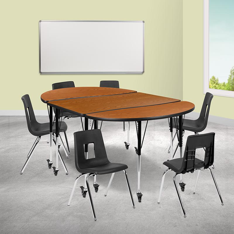 Mobile 76" Oval Wave Collaborative Laminate Activity Table Set With 18" Student Stack Chairs, Oak/Black By Flash Furniture | Dining Sets | Modishstore - 1