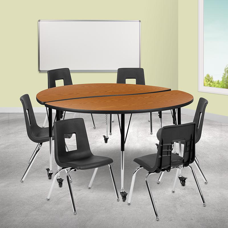 Mobile 60" Circle Wave Collaborative Laminate Activity Table Set With 18" Student Stack Chairs, Oak/Black By Flash Furniture | Dining Sets | Modishstore - 1