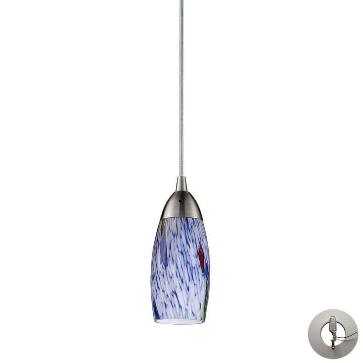 Milan 1-Light Mini Pendant in Satin Nickel with Starburst Blue Glass - Includes Adapter Kit | Pendant Lamps | Modishstore