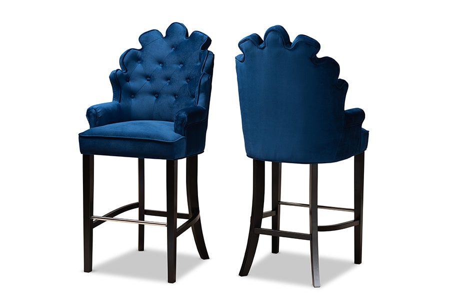 baxton studio chloe modern and contemporary navy blue velvet upholstered and dark brown finished wood 2 piece bar stool set | Modish Furniture Store-2