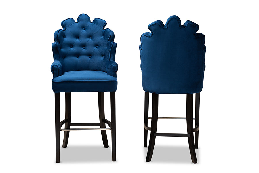 baxton studio chloe modern and contemporary navy blue velvet upholstered and dark brown finished wood 2 piece bar stool set | Modish Furniture Store-3