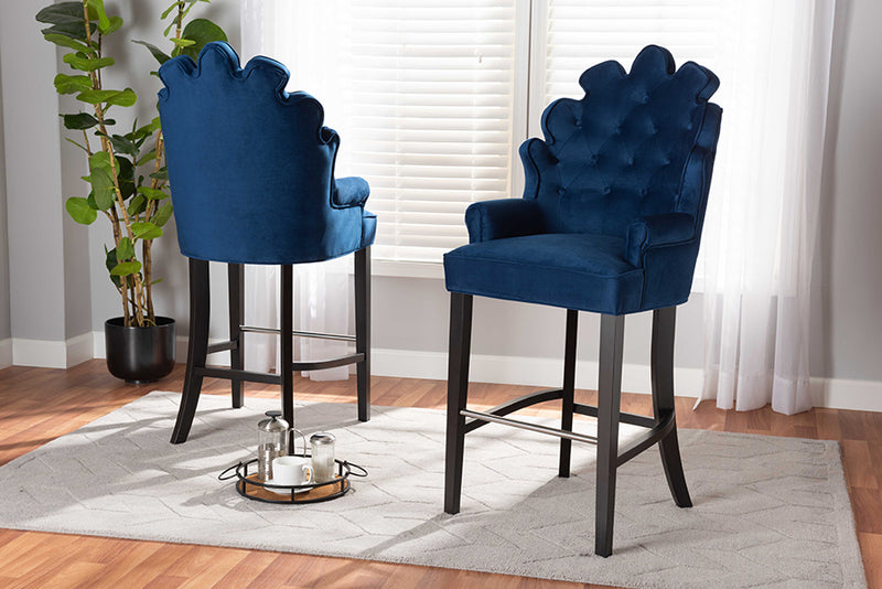 Baxton Studio Chloe Modern and Contemporary Navy Blue Velvet Upholstered and Dark Brown Finished Wood 2-Piece Bar Stool Set | Modishstore | Bar Stools