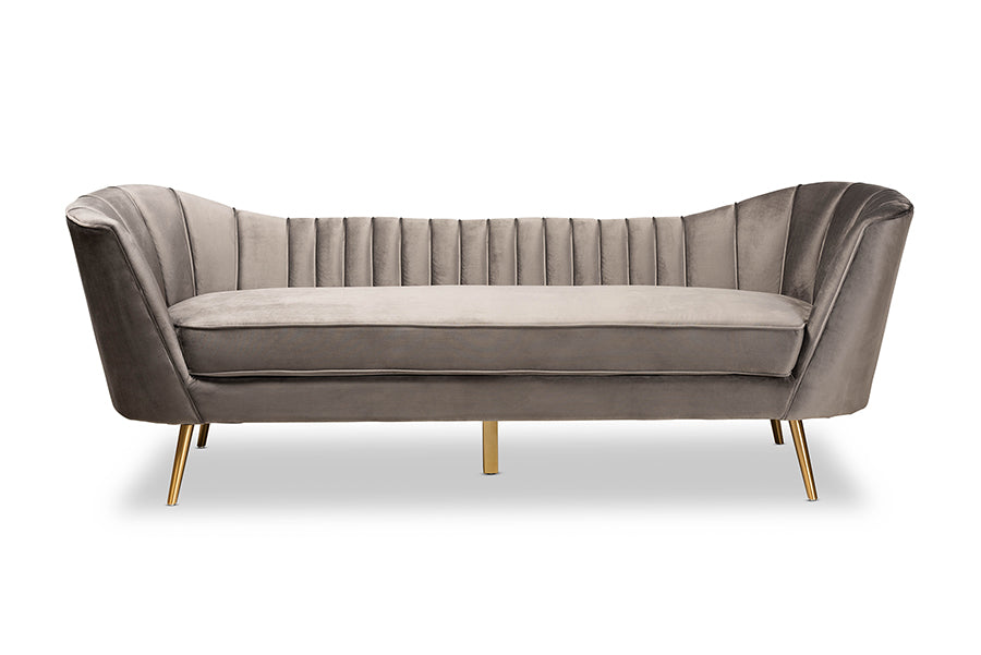 baxton studio kailyn glam and luxe grey velvet fabric upholstered and gold finished sofa | Modish Furniture Store-3