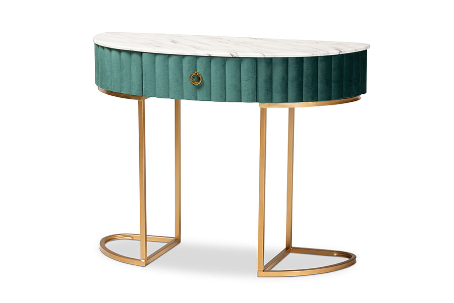 baxton studio beale luxe and glam green velvet upholstered and brushed gold finished 1 drawer console table with faux marble tabletop | Modish Furniture Store-2