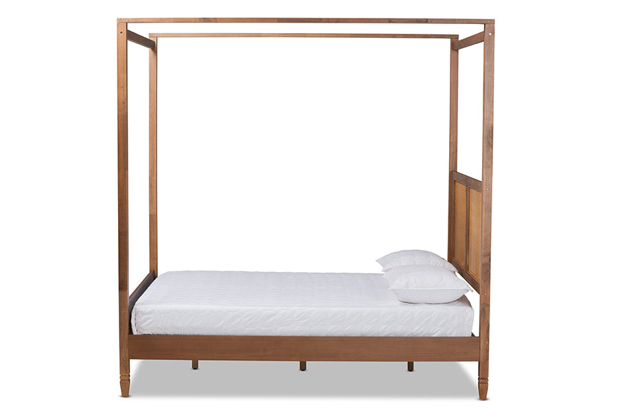 baxton studio malia modern and contemporary walnut brown finished wood and synthetic rattan king size canopy bed | Modish Furniture Store-3