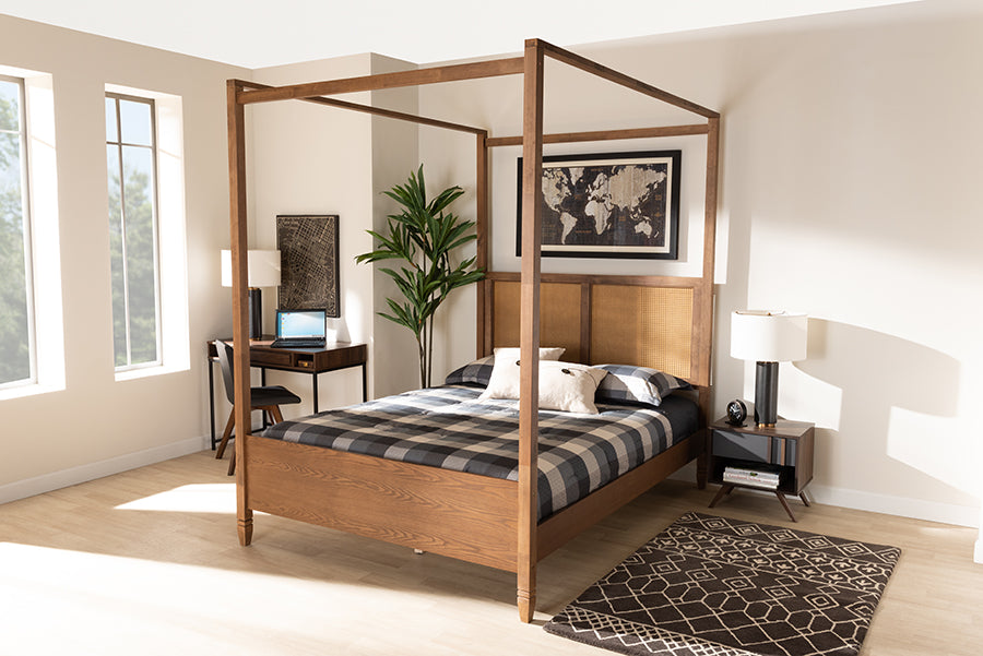 Baxton Studio Malia Modern and Contemporary Walnut Brown Finished Wood and Synthetic Rattan King Size Canopy Bed | Modishstore | Beds