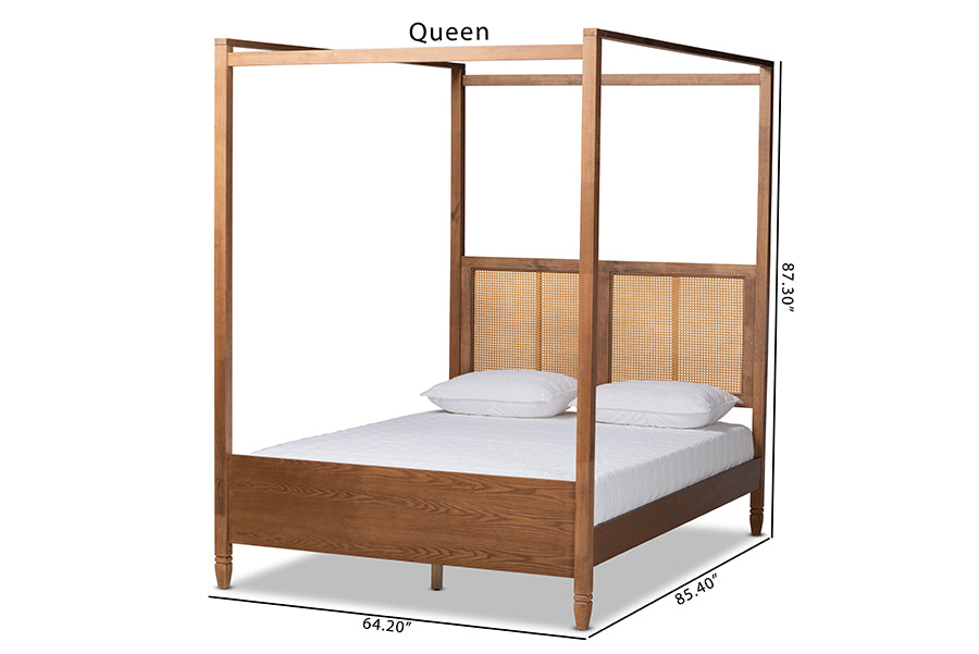 Baxton Studio Malia Modern and Contemporary Walnut Brown Finished Wood and Synthetic Rattan Queen Size Canopy Bed | Beds | Modishstore - 6