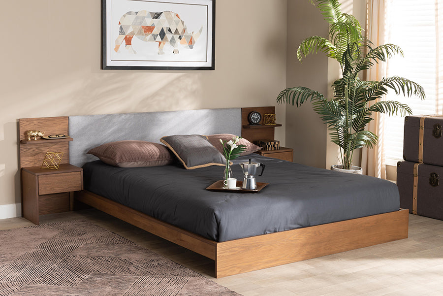 Baxton Studio Sami Modern and Contemporary Light Grey Fabric Upholstered and Walnut Brown Finished Wood Queen Size Platform Storage Bed with Built In Nightstands Light Grey Walnut Brown Modish Store
