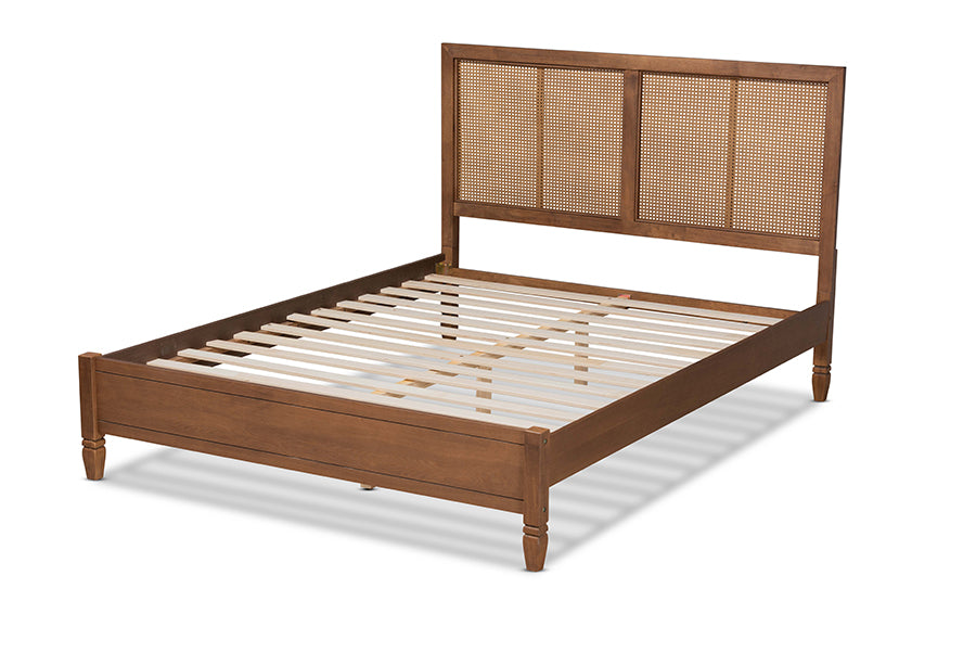 Baxton Studio Redmond Mid-Century Modern Walnut Brown Finished Wood and Synthetic Rattan Full Size Platform Bed | Beds | Modishstore - 6