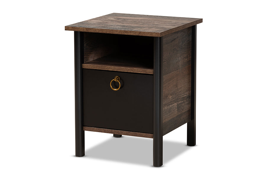 baxton studio vaughan modern and contemporary two tone rustic brown and black finished wood nightstand | Modish Furniture Store-2