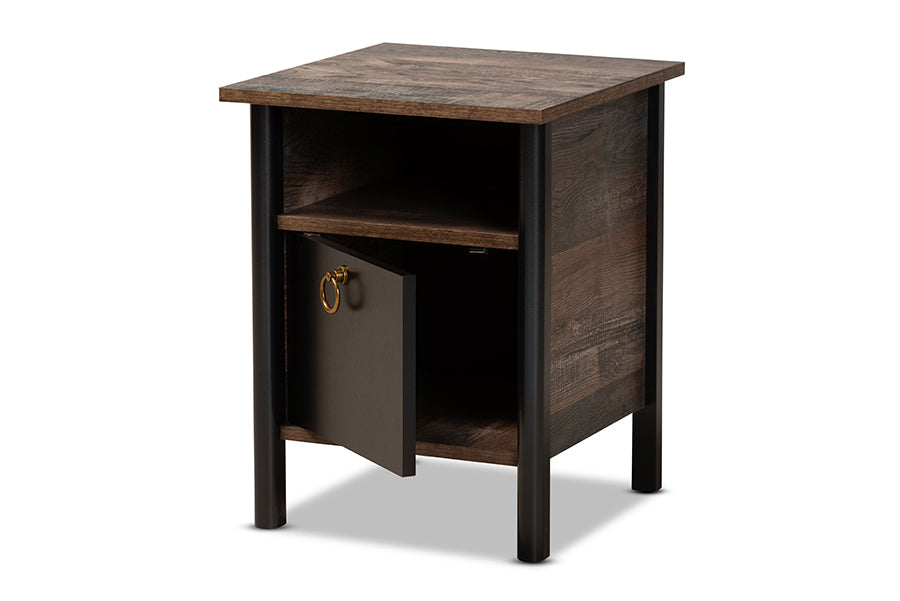 baxton studio vaughan modern and contemporary two tone rustic brown and black finished wood nightstand | Modish Furniture Store-3