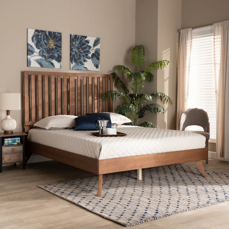 Baxton Studio Saki Mid-Century Modern Walnut Brown Finished Wood Queen Size Platform Bed | Beds | Modishstore