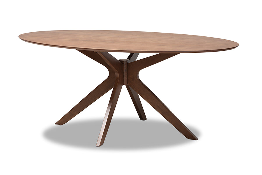 baxton studio monte mid century modern walnut brown finished wood 71 inch oval dining table | Modish Furniture Store-2